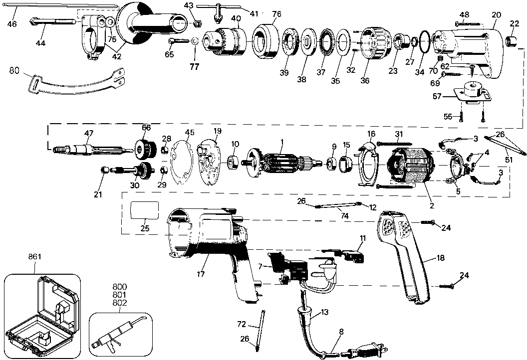 Default Diagram and Parts List for 5072K Type 101 Black and Decker Boring Machine